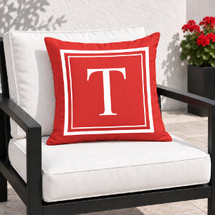 Bold Red White Square Frame Monogram Outdoor Pillow