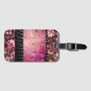 Bold reptile, pink floral black luggage tag
