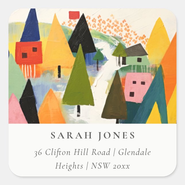Bold Retro Abstract Christmas Landscape Address Square Sticker (Front)