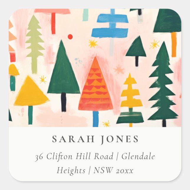 Bold Retro Abstract Christmas Landscape Address Square Sticker (Front)