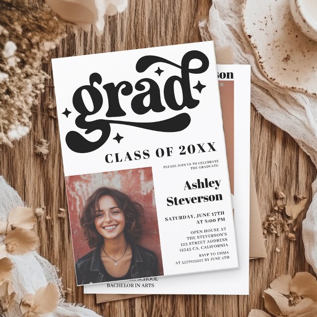 Bold Retro Black Groovy 2 photos Graduation Party Invitation (Bold Retro Black Groovy 2 photos Graduation Party Invitation)
