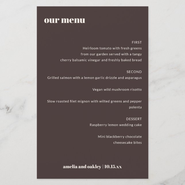 Bold Retro Brown Ivory Custom Wedding Menu (Front)