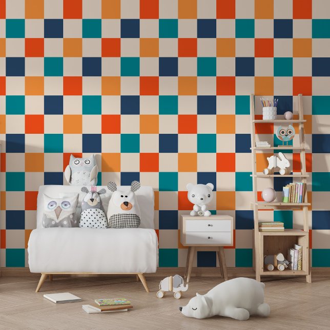 Bold Retro Chequerboard Orange Teal Navy Wallpaper (Creator Uploaded)