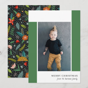 Bold Retro Citrus & Floral Green Christmas Photo   Holiday Card