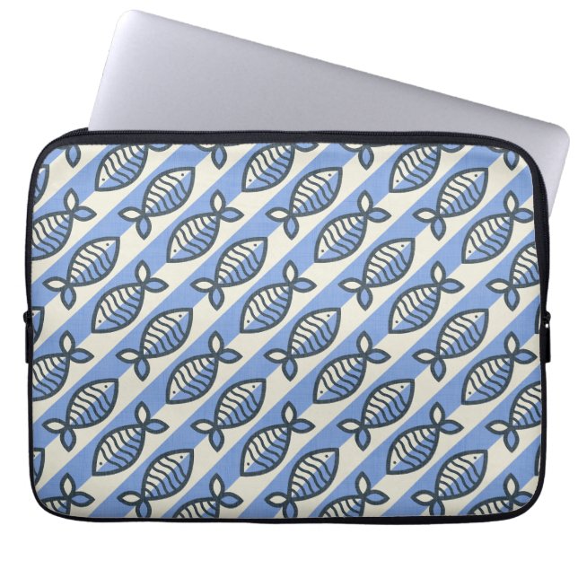 Bold retro fish blue laptop sleeve (Front)