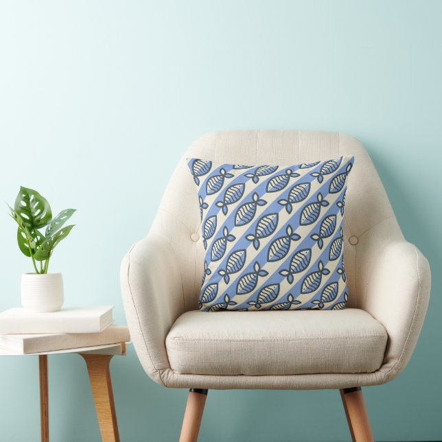 Bold retro fish blue throw pillow (Chair)