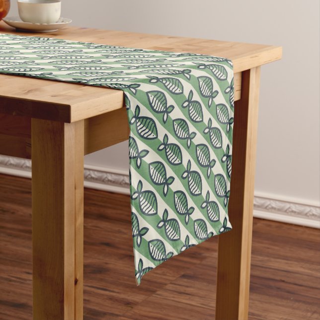 Bold retro fish green and grey long table runner (In Situ)