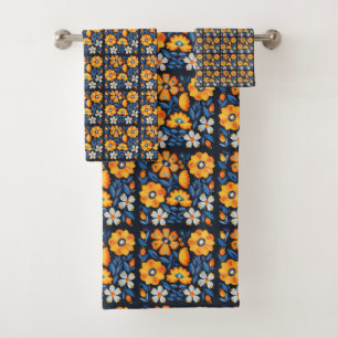 Bold Retro Floral Illustration in Orange and Blue Bath Towel Set