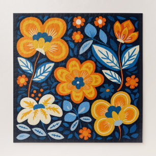 Bold Retro Floral Illustration in Orange and Blue Jigsaw Puzzle