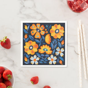 Bold Retro Floral Illustration in Orange and Blue Napkin