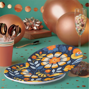 Bold Retro Floral Illustration in Orange and Blue Paper Plate