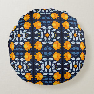 Bold Retro Floral Illustration in Orange and Blue Round Pillow