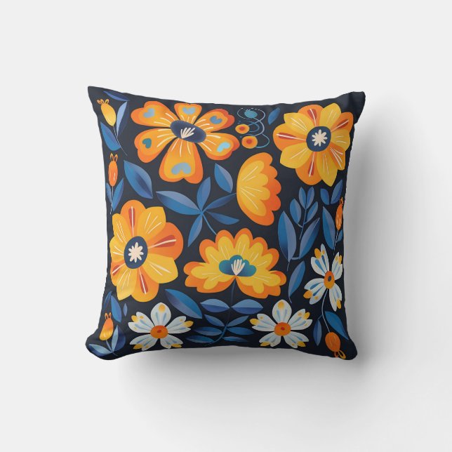 Bold Retro Floral Illustration in Orange and Blue Throw Pillow (Front)