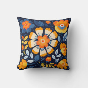 Bold Retro Floral Illustration in Orange and Blue Throw Pillow