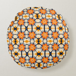 Bold Retro Floral Illustration in Orange Round Pillow