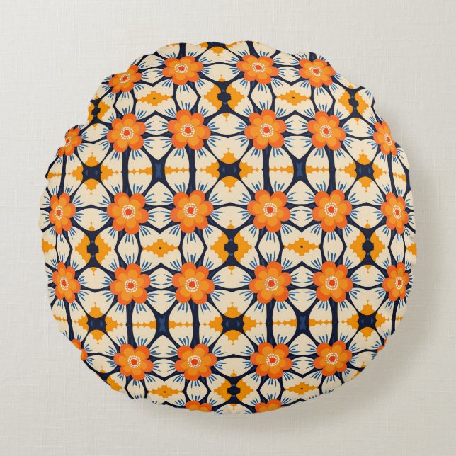 Bold Retro Floral Illustration in Orange Round Pillow (Front)