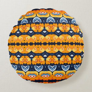 Bold Retro Floral Illustration in Orange Round Pillow