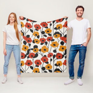 Bold Retro Floral Pattern Red, Orange, and Black Fleece Blanket