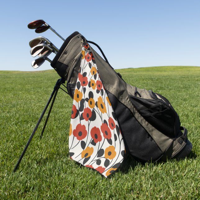 Bold Retro Floral Pattern Red, Orange, and Black Golf Towel (Green)