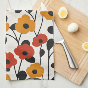 Bold Retro Floral Pattern Red, Orange, and Black Kitchen Towel