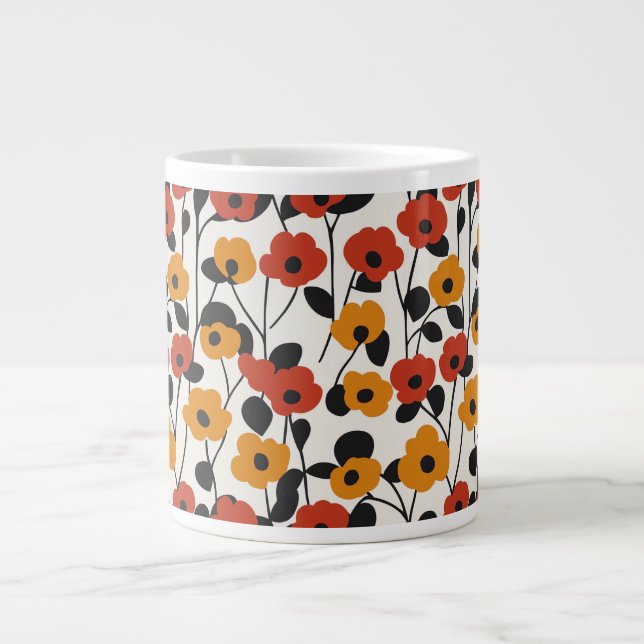 Bold Retro Floral Pattern Red, Orange, and Black Large Coffee Mug (Front)