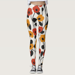 Bold Retro Floral Pattern Red, Orange, and Black Leggings