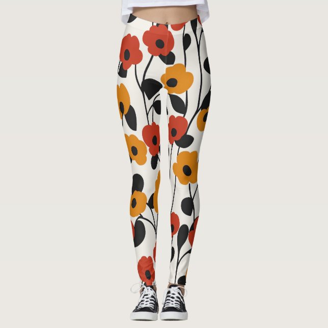 Bold Retro Floral Pattern Red, Orange, and Black Leggings (Front)
