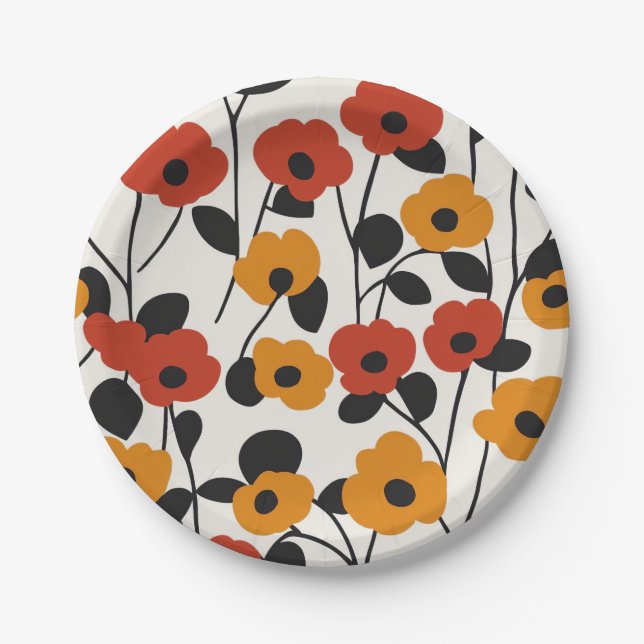 Bold Retro Floral Pattern Red, Orange, and Black Paper Plate (Front)