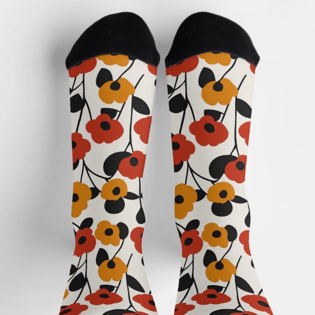 Bold Retro Floral Pattern Red, Orange, and Black Socks (Top)