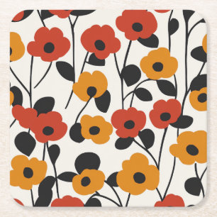 Bold Retro Floral Pattern Red, Orange, and Black Square Paper Coaster