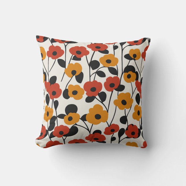 Bold Retro Floral Pattern Red, Orange, and Black Throw Pillow (Front)