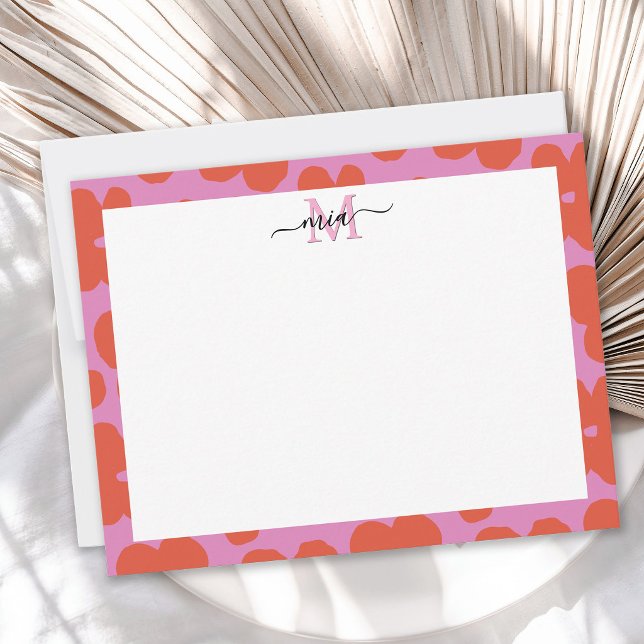 Bold Retro Floral Pink and Orange Monogram  Card (Creator Uploaded)