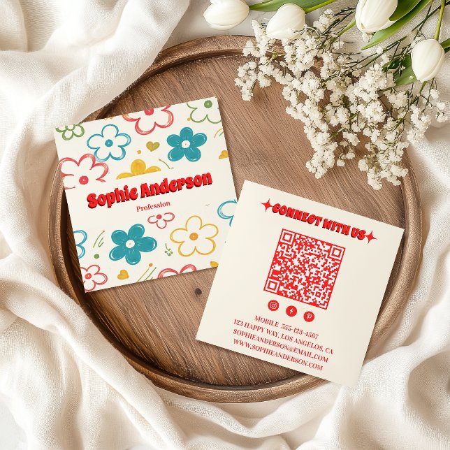 Bold Retro Floral QR Code with Red Typography Square Business Card (Creator Uploaded)