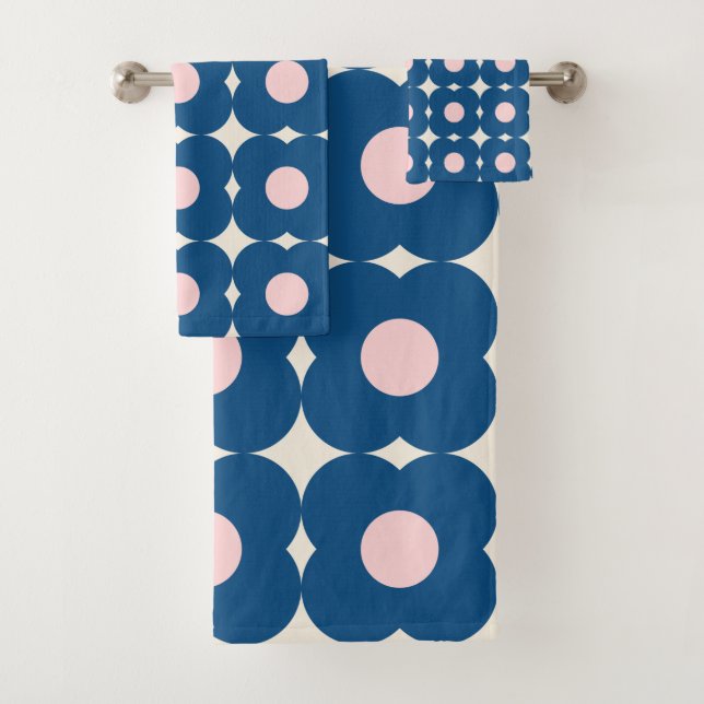 Bold Retro Geometric Floral Pattern Blue and Pink Bath Towel Set (Insitu)