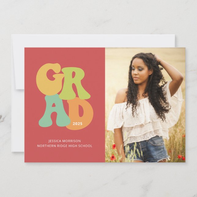 Bold Retro Grad 1970s Typography Graduation Party Invitation (Front)