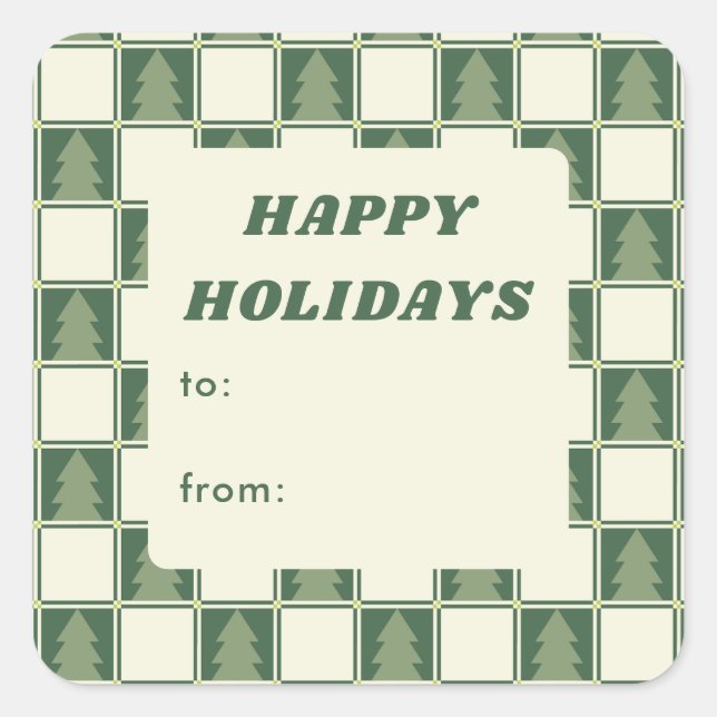 Bold Retro Green Holiday Chequered Tree to from Square Sticker (Front)