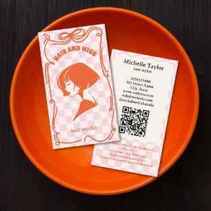 Bold Retro Hair Stylist Whimsical Doodle Pink Red Business Card