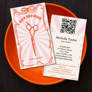 Bold Retro Hair Stylist Whimsical Doodle Pink Red Business Card