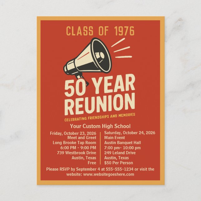 Bold Retro High School Reunion Pep Rally Megaphone Postcard (Front)