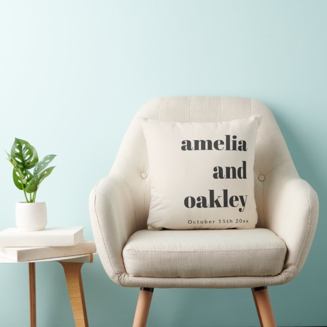 Bold Retro Ivory Couple Names Wedding Keepsake Throw Pillow (Chair)