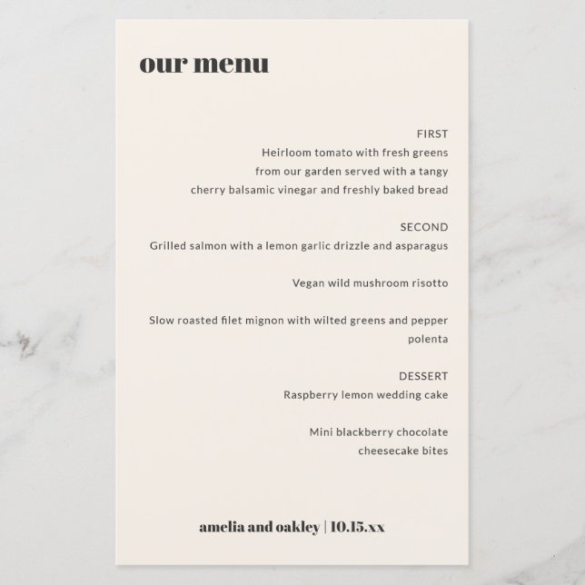 Bold Retro Ivory Wedding Reception Dinner Menu (Front)