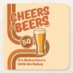Bold Retro Line Cheers & Beers 50th Birthday Square Paper Coaster