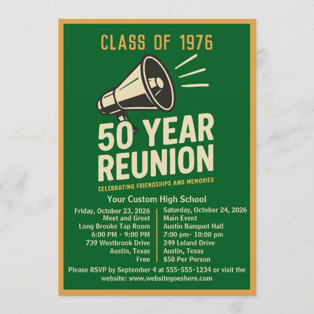 Bold Retro Megaphone 50 Year High School Reunion Invitation (Front)