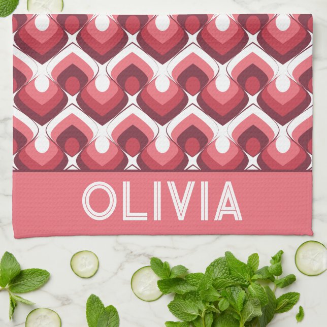 Bold Retro Modern Motif in Pinks Kitchen Towel (Folded)