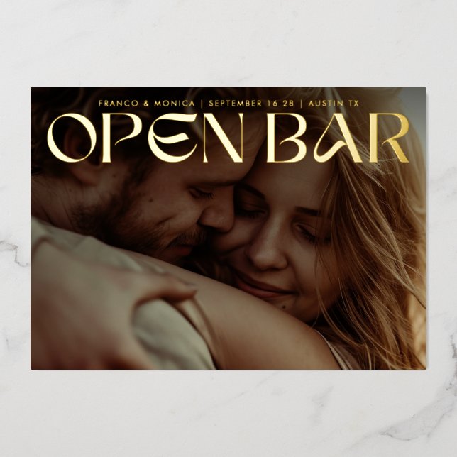 Bold Retro Open Bar Photo Save The Date Gold (Front)