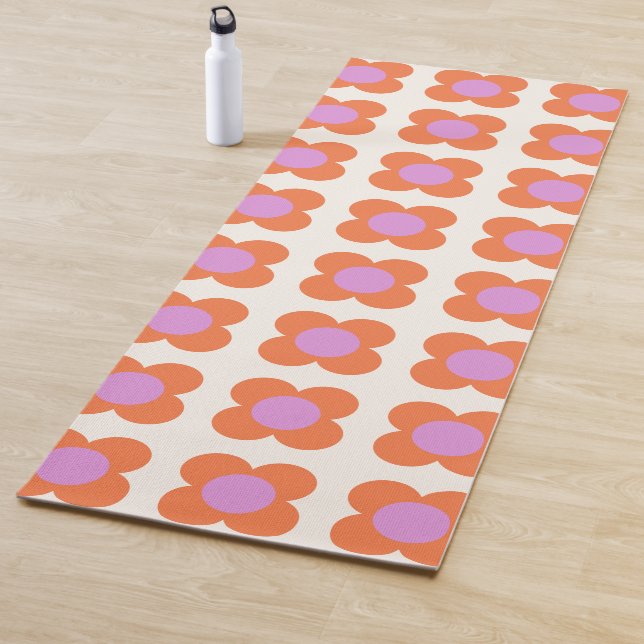Bold Retro Pop Flower Pattern Pink and Orange Yoga Mat (In Situ)