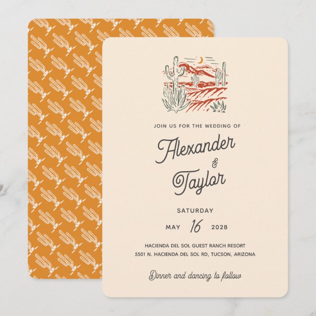 Bold Retro Saguaro Cacti Desert Landscape Wedding Invitation (Front/Back)