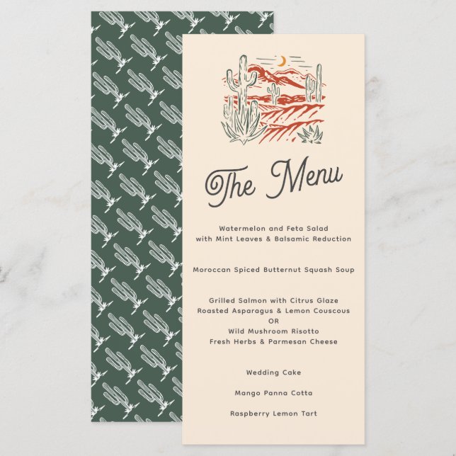 Bold Retro Saguaro Cactus Desert Landscape Wedding Menu (Front/Back)