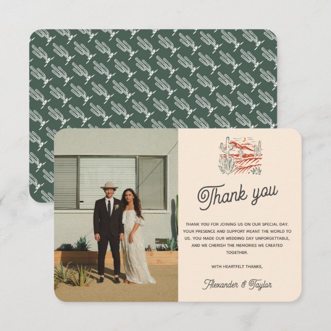 Bold Retro Saguaro Cactus Desert Landscape Wedding Thank You Card (Front/Back)