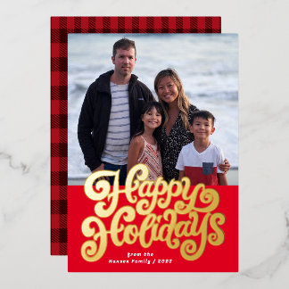 Bold Retro Script Square Photo Foil Holiday Card